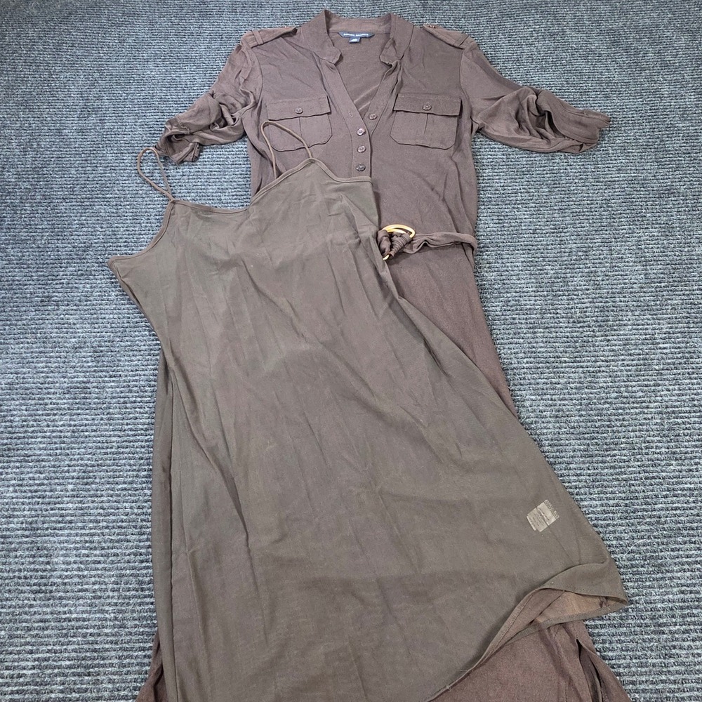 Banana Republic Midi Dress AND Slip Womens Medium Brown Excellent Belted Utility